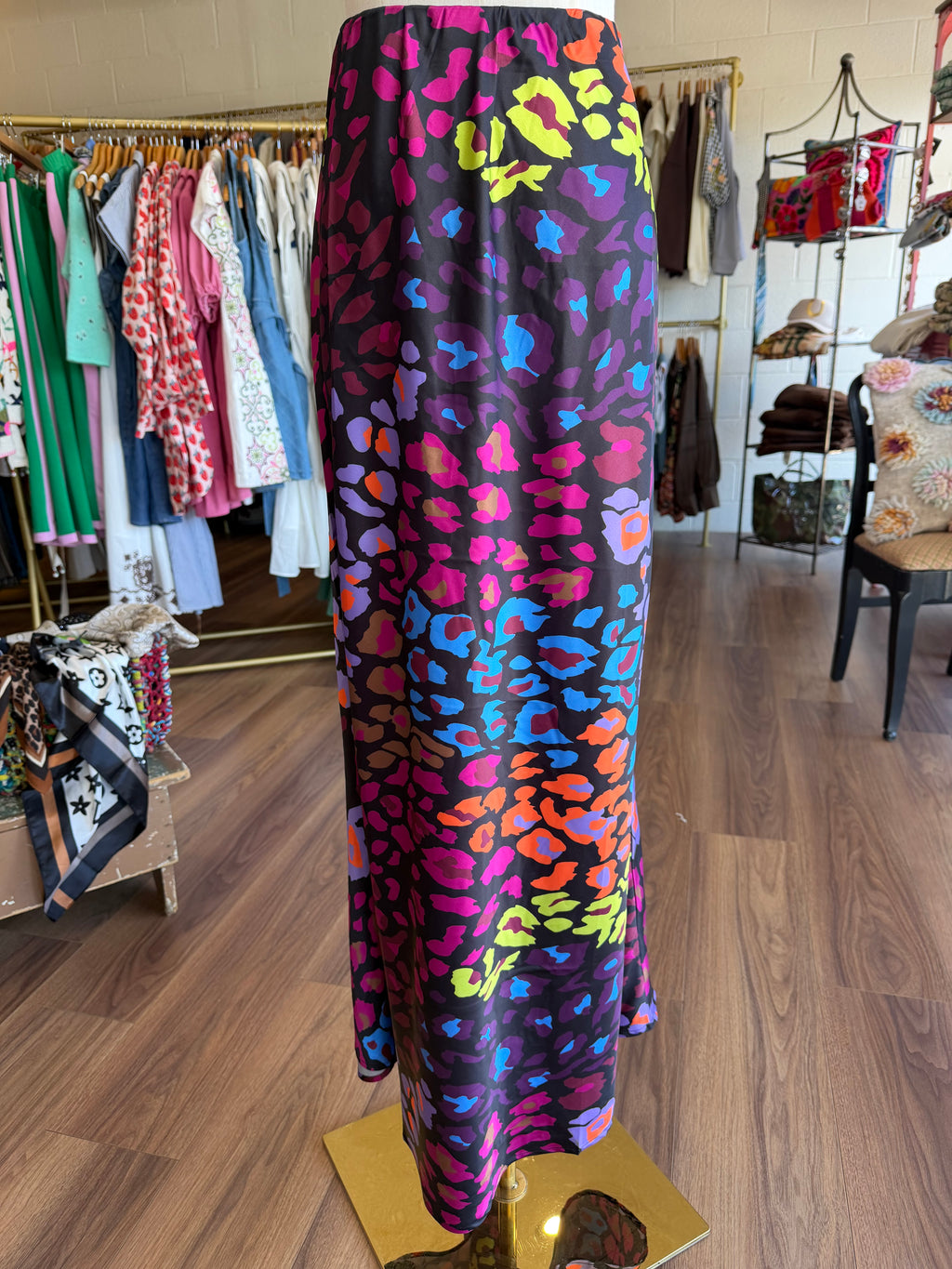 Abstract Print Satin Flared Maxi Skirt