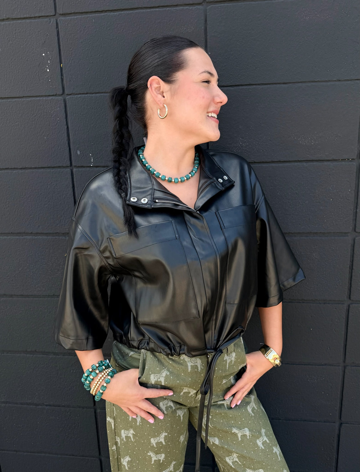 Black Drawstring Hem Boxy Vegan Leather Fall Jacket