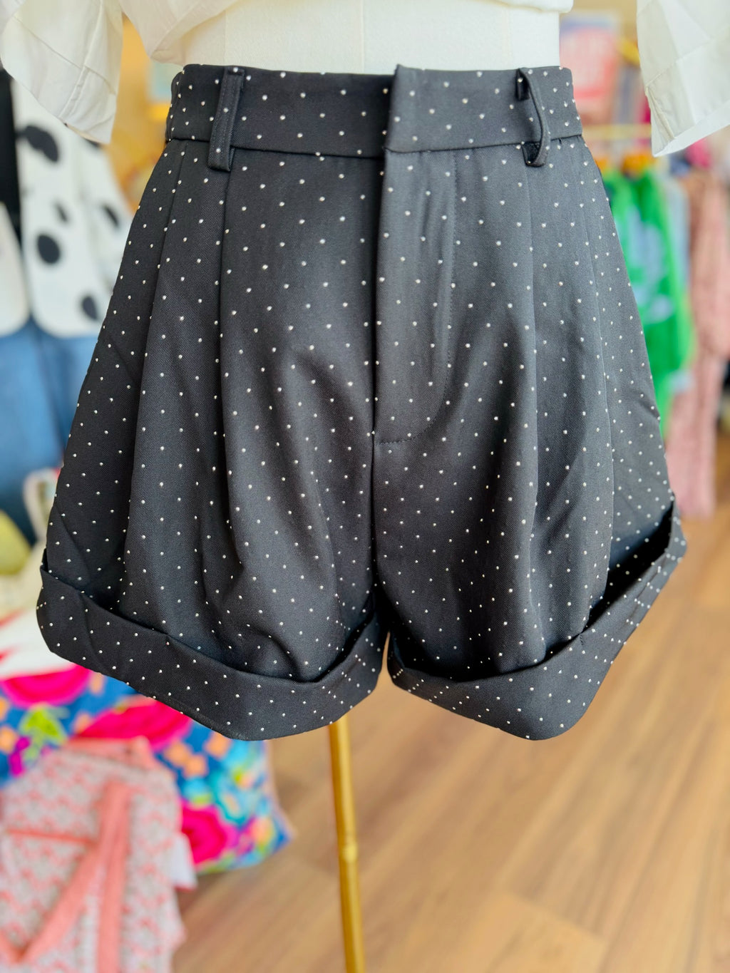 Black Rhinestone Cuffed Pleated Trouser Shorts