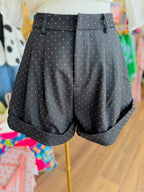Black Rhinestone Cuffed Pleated Trouser Shorts