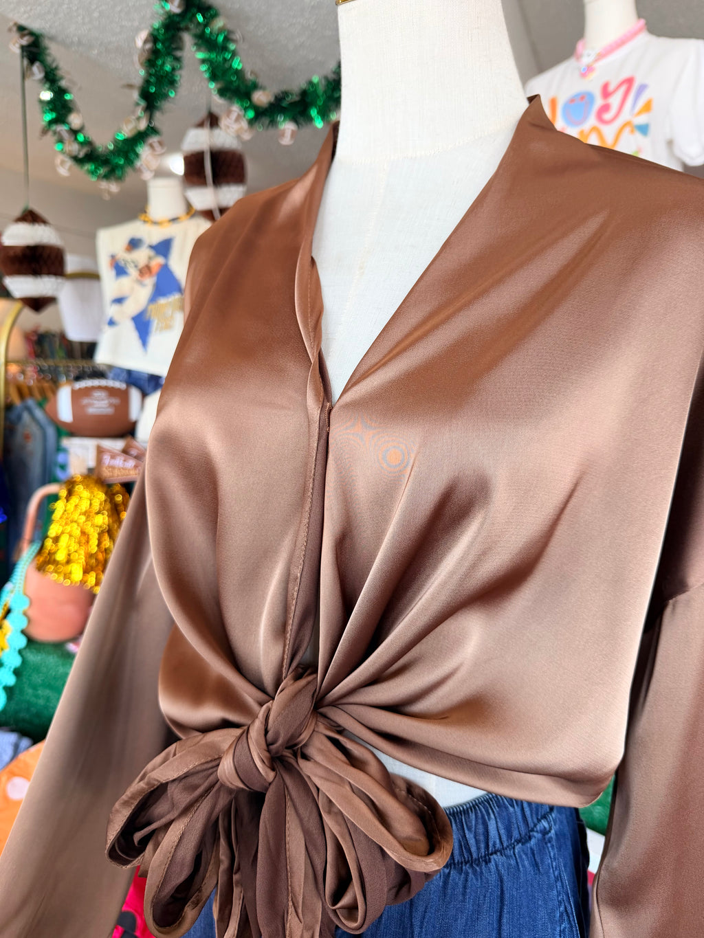 Mocha 2 Way Tie Long Sleeve Blouse