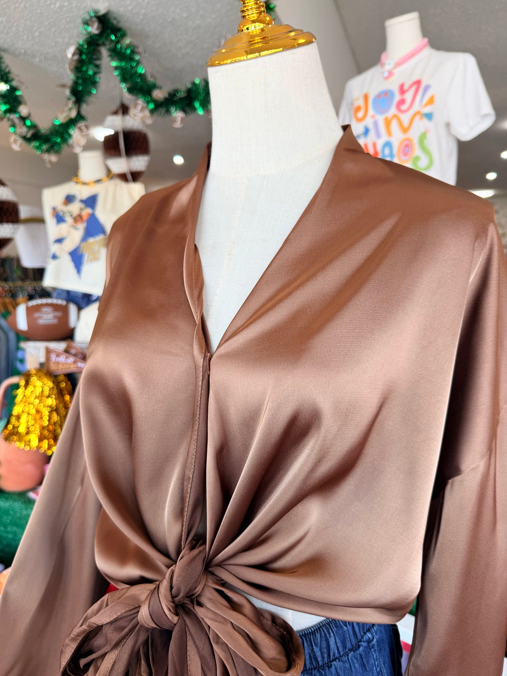 Mocha 2 Way Tie Long Sleeve Blouse