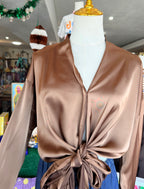 Mocha 2 Way Tie Long Sleeve Blouse