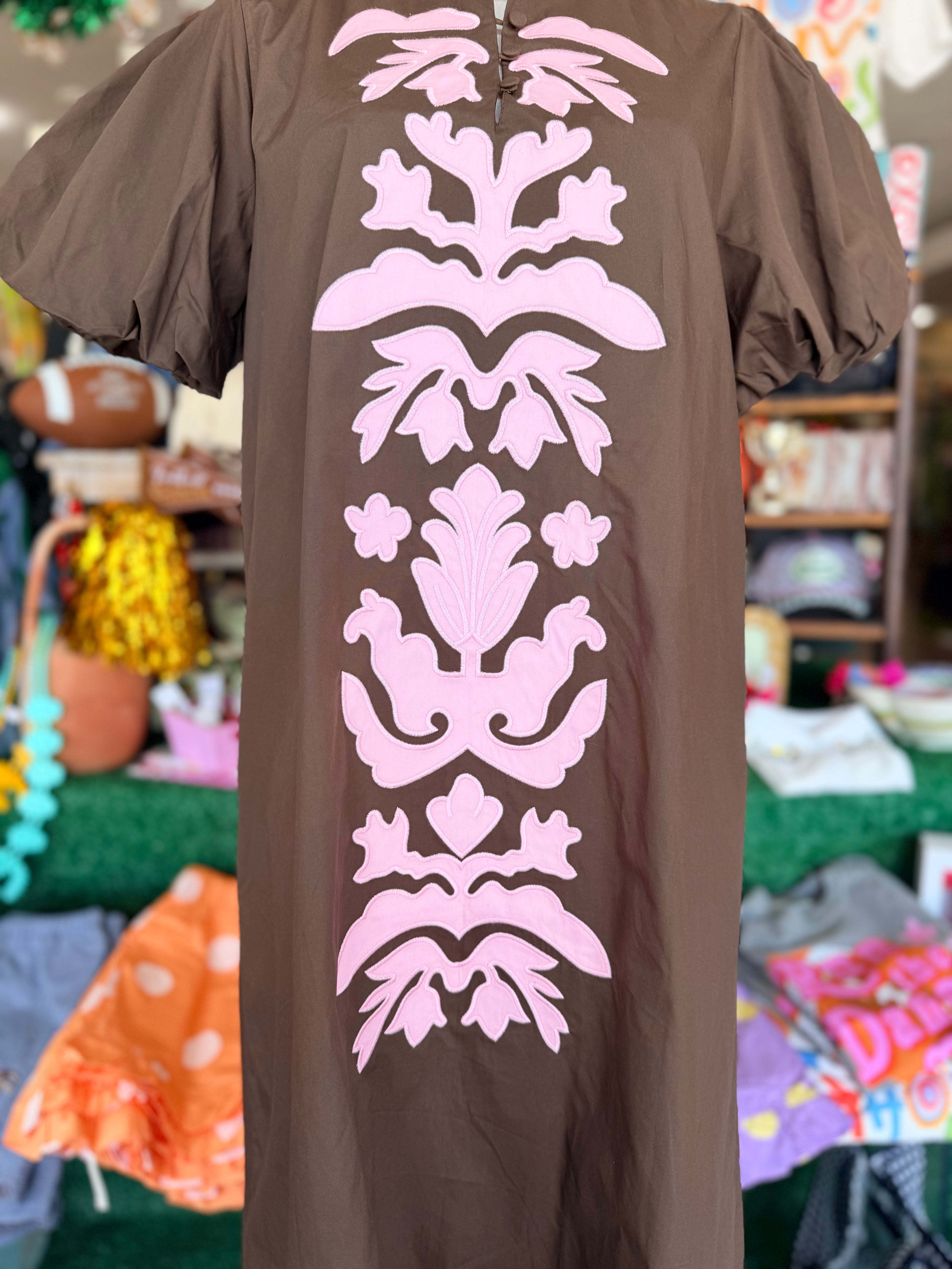 Brown Midi Applique Dress