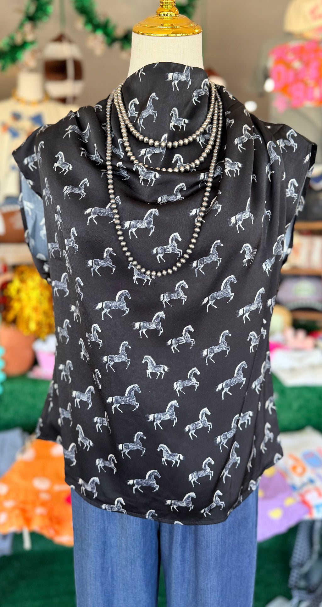 Black Satin High Neck Horse Top
