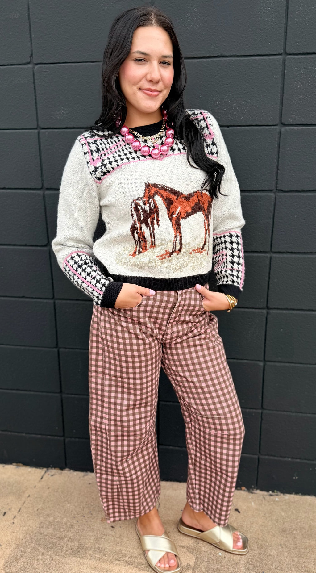 Washed Gingham Printed Barrel Pants