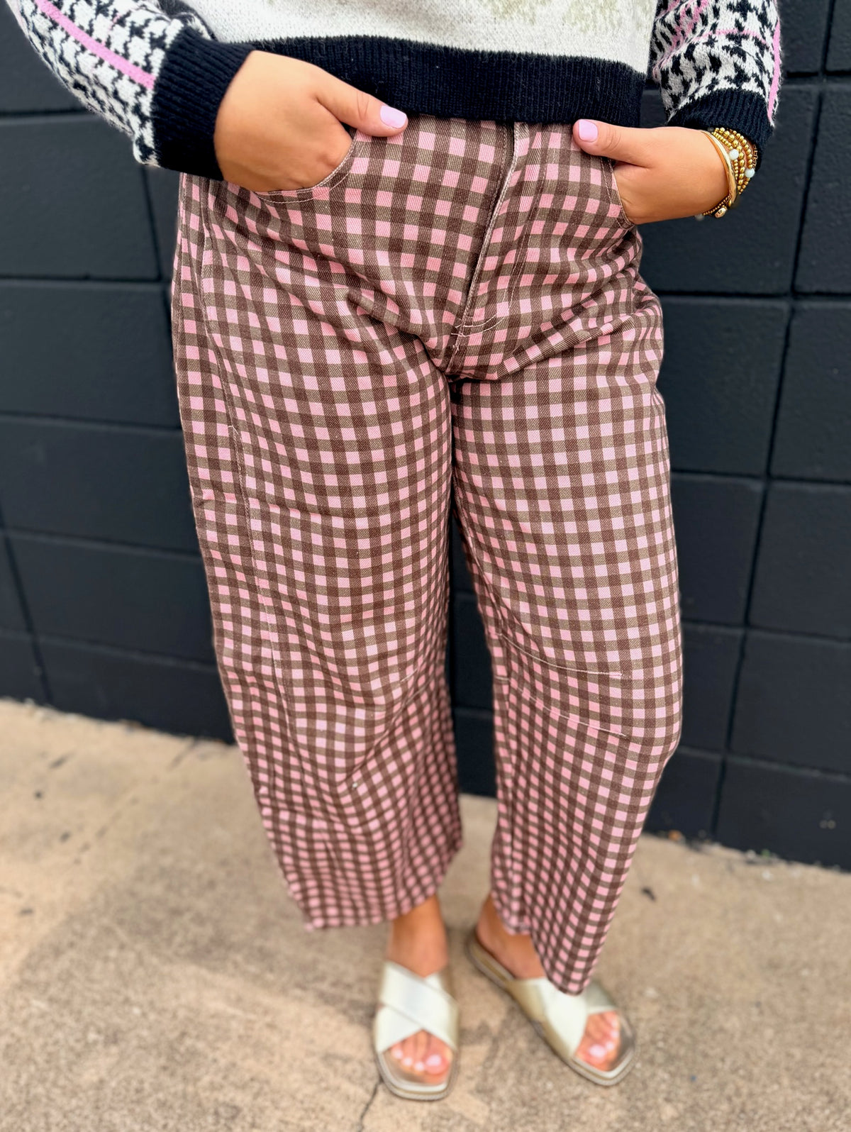 Washed Gingham Printed Barrel Pants