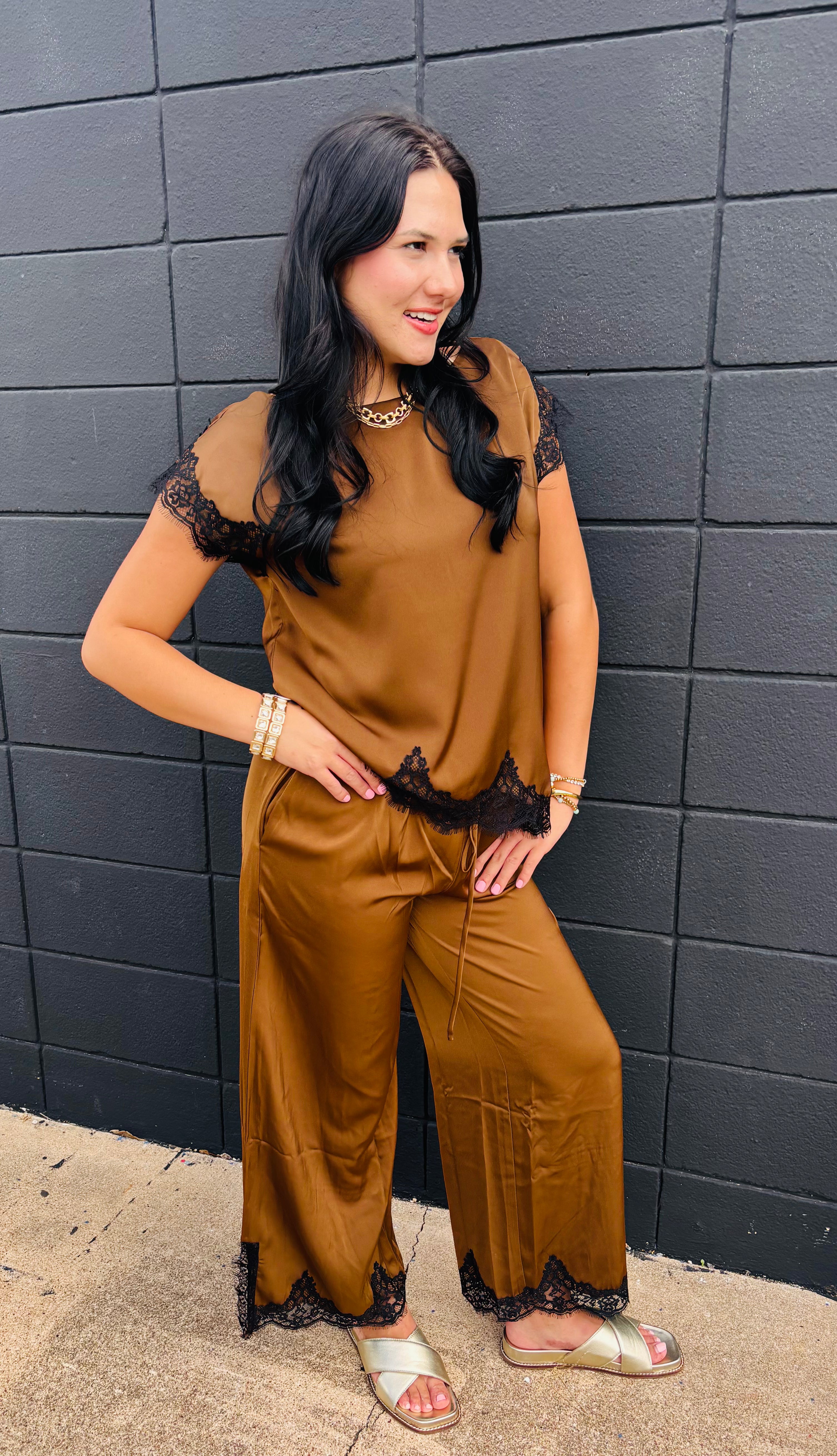Stretch Satin Lace Top & Pant Set