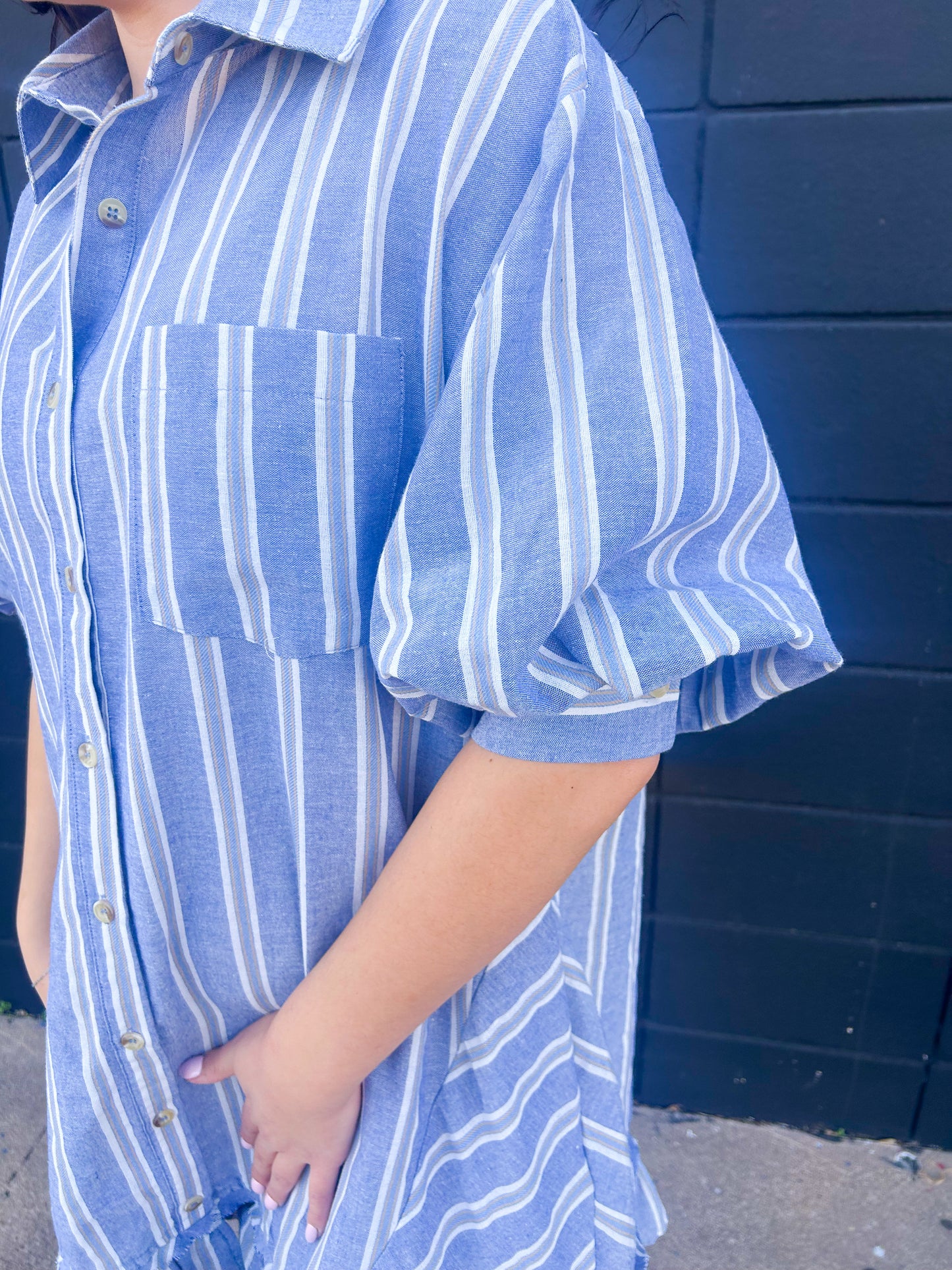 Linen Striped 3/4 Slvs Dress