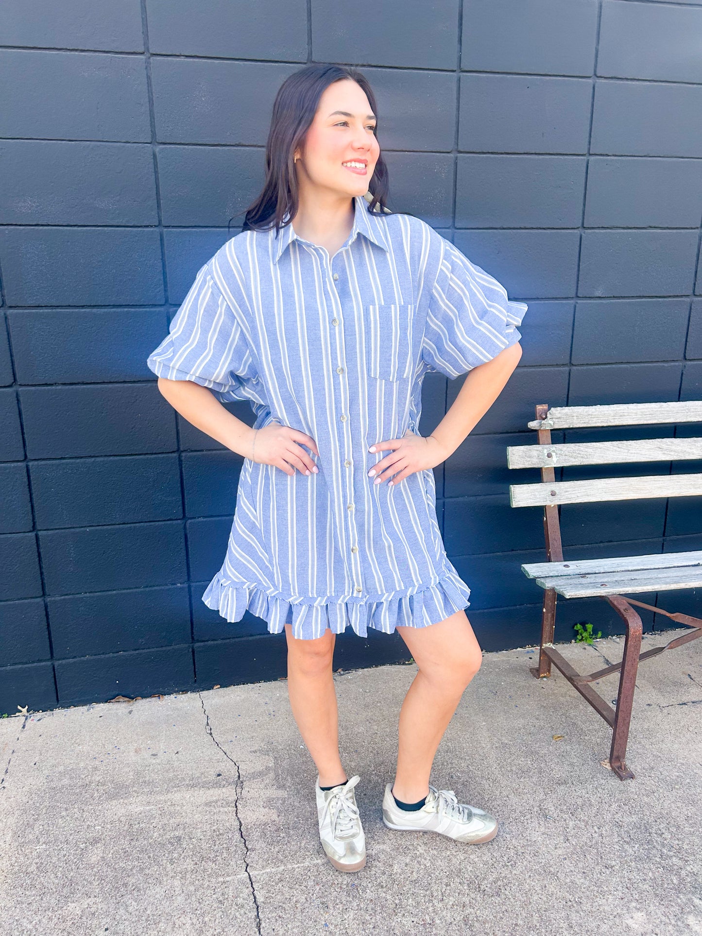 Linen Striped 3/4 Slvs Dress