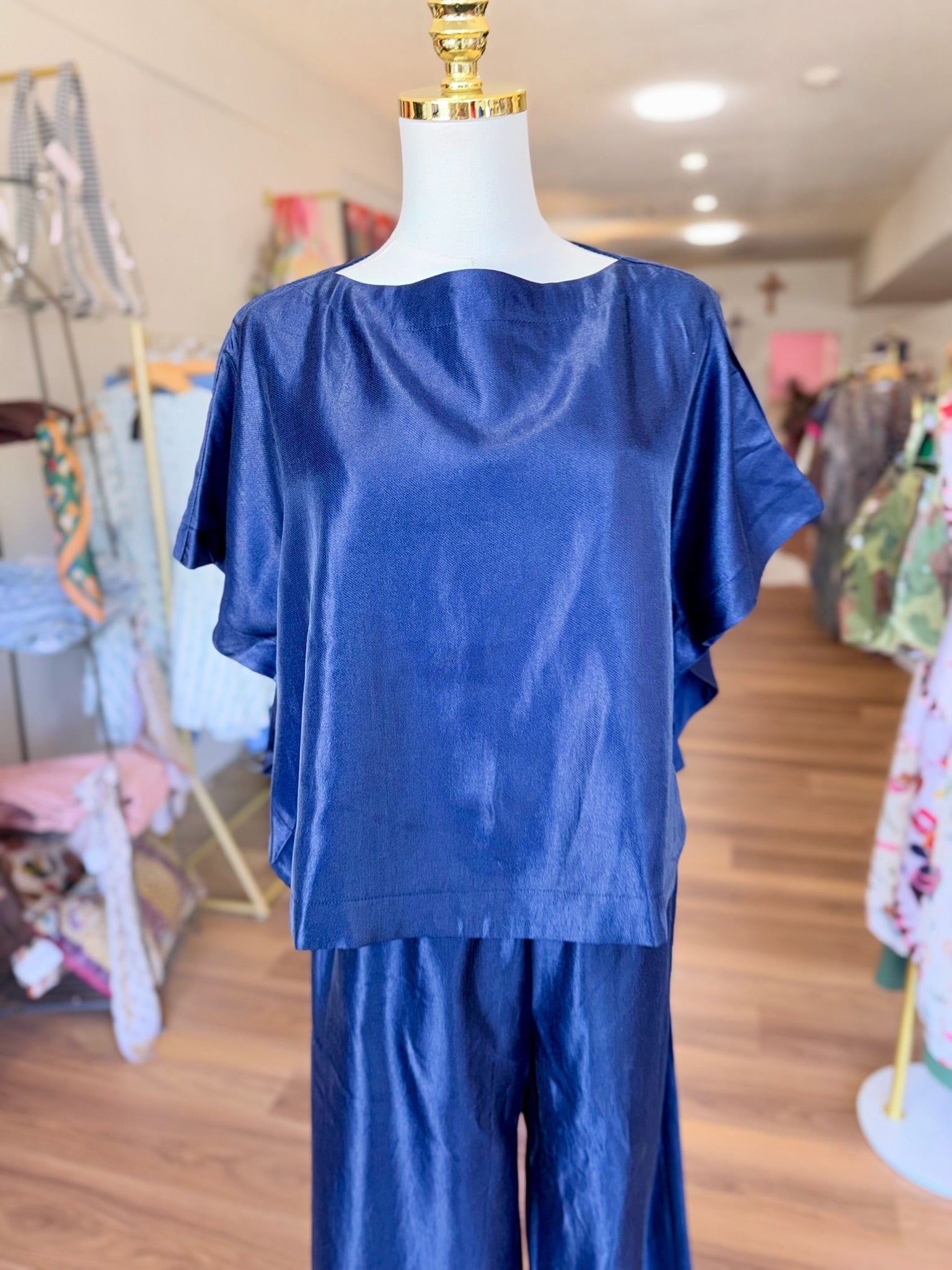 Navy Satin Top