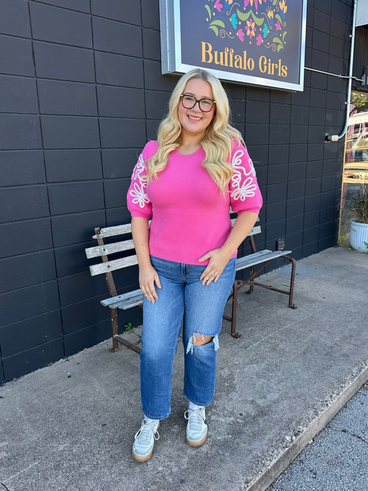 Short Sleeve Embroidered Detail Knit Top