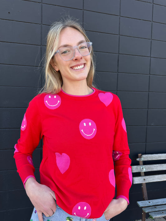 Heart And Smiley Face Long Sleeve Sweater