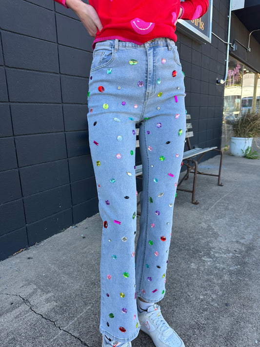 Rainbow Jewel Embellished Denim Jean