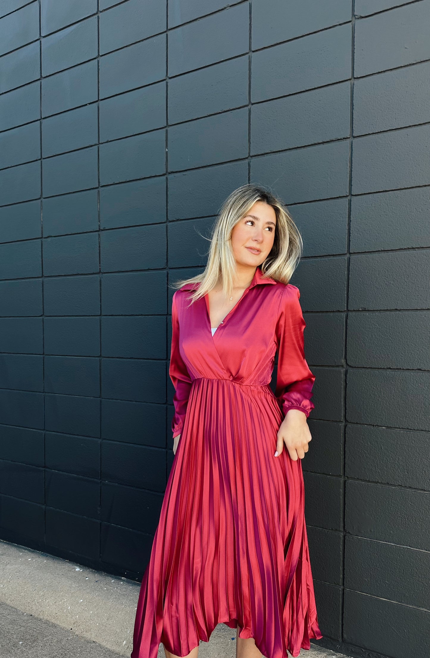 Long Sleeve Woven Satin Pleated Midi Dress