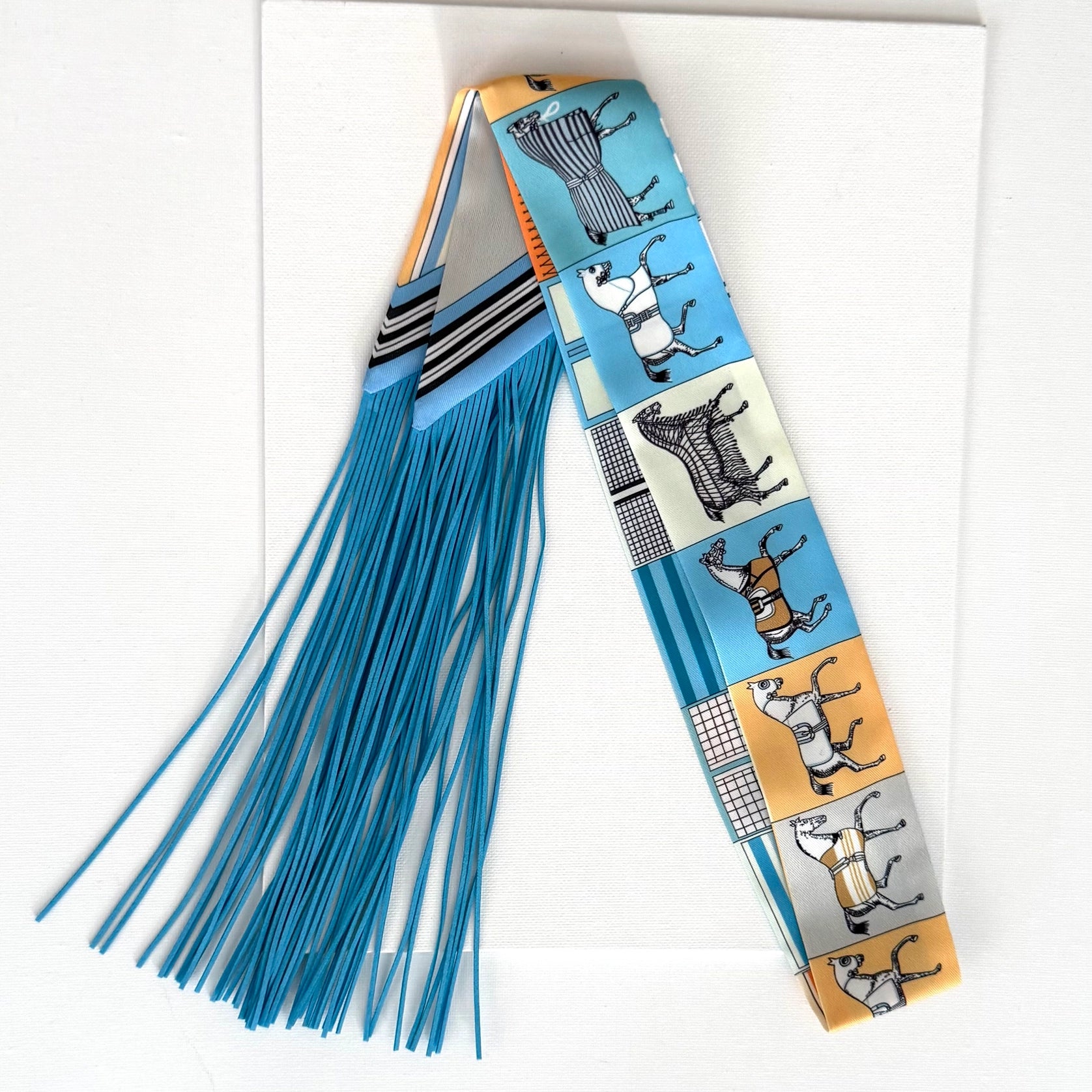 Blue And Yellow Scarf Horse Pattern Fringe Twilly