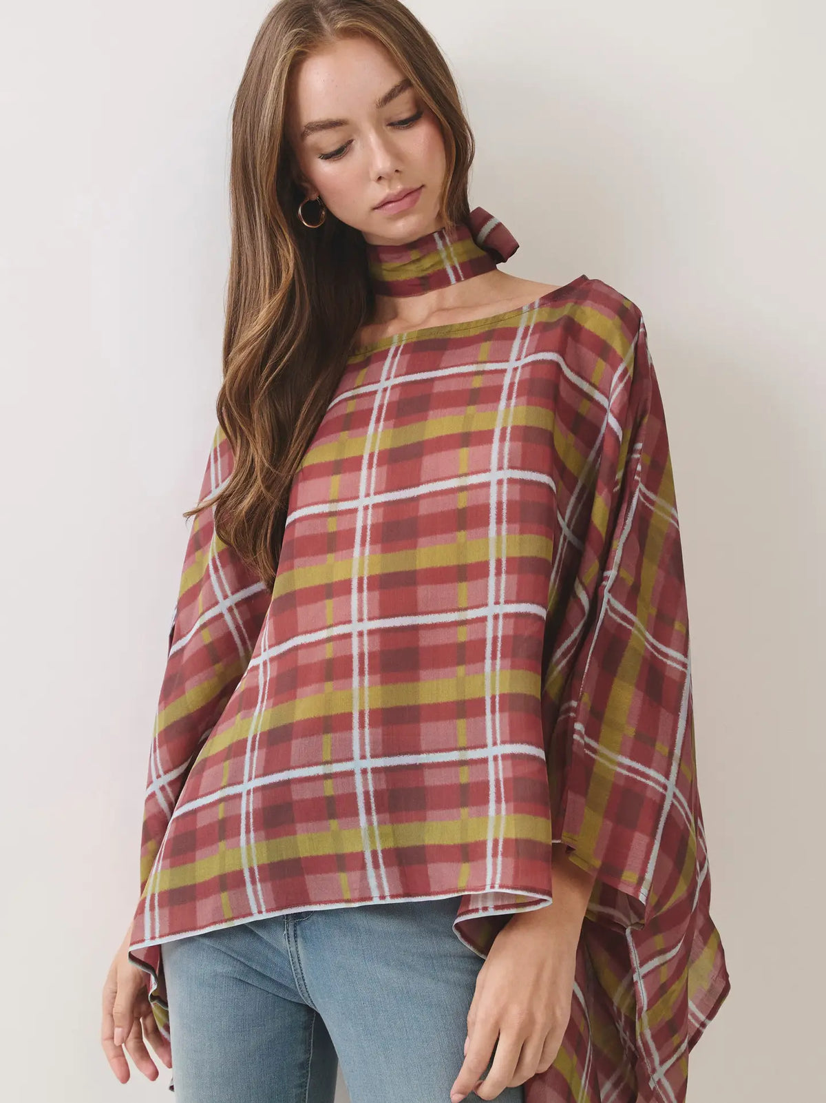 Plaid Crimson Poncho Top