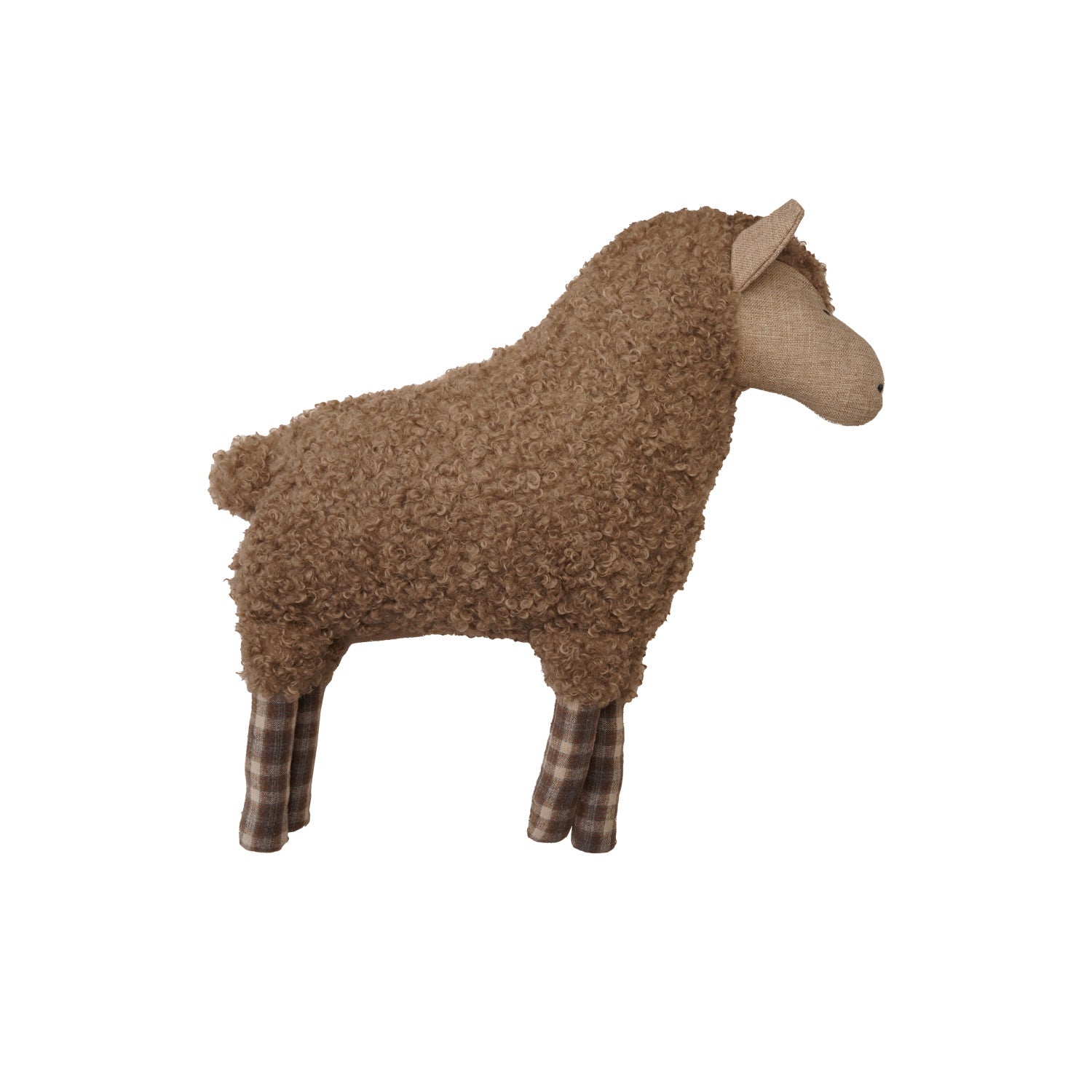 Brown Faux Sherpa Sheep Shaped Pillow with Plaid Pattern