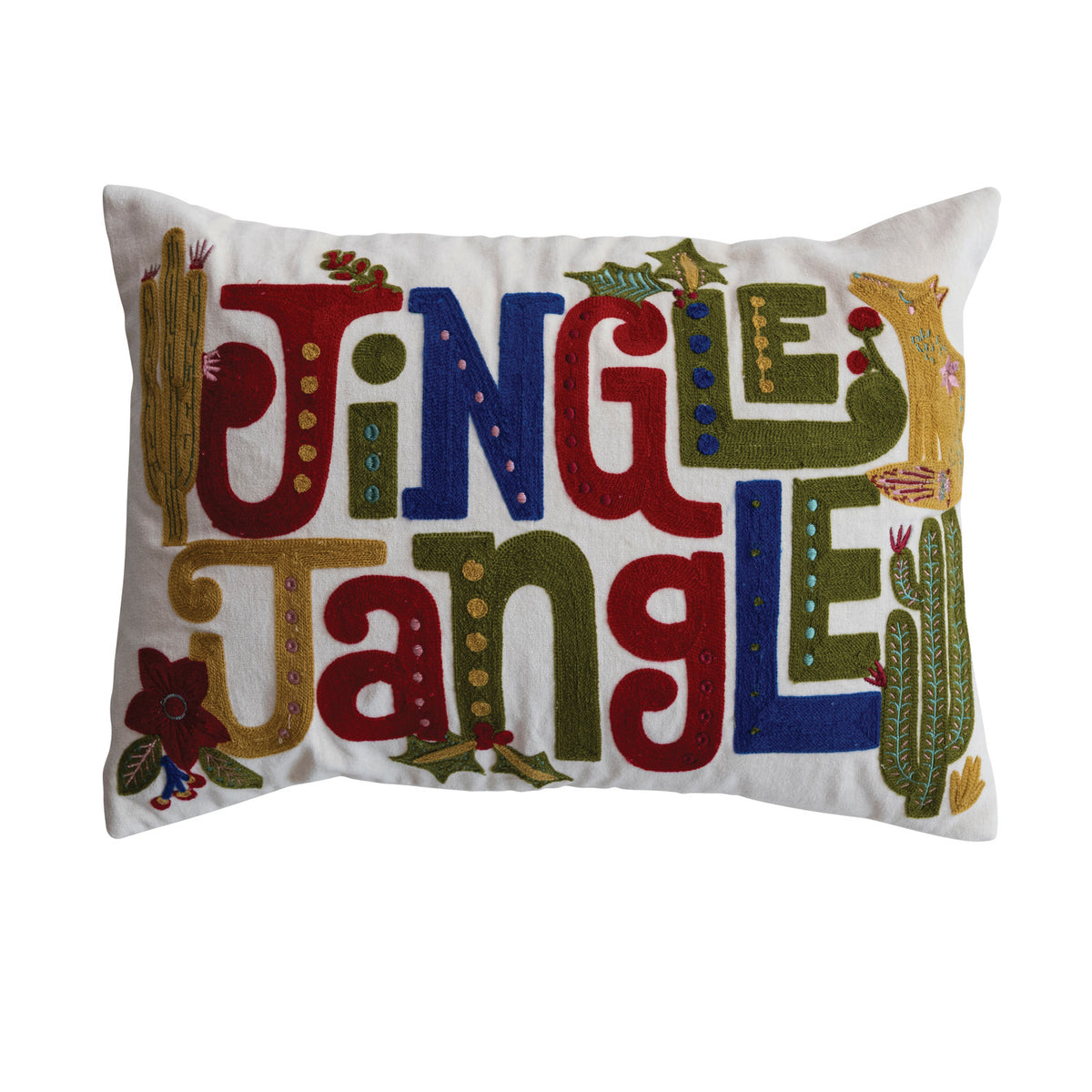 "Jingle Jangle" Cotton Velvet Printed Lumbar Pillow with Seasonal Botanicals & Embroidery