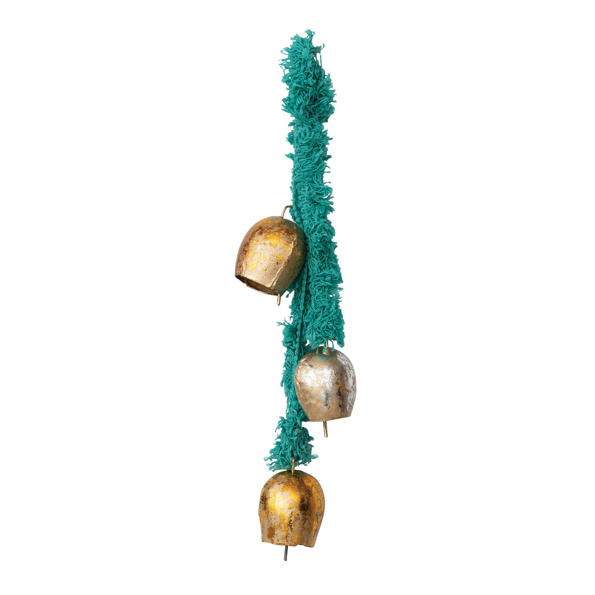 Handmade Hanging Metal Bells with Frayed Cotton Hanger, Gold Finish & Turquoise Color